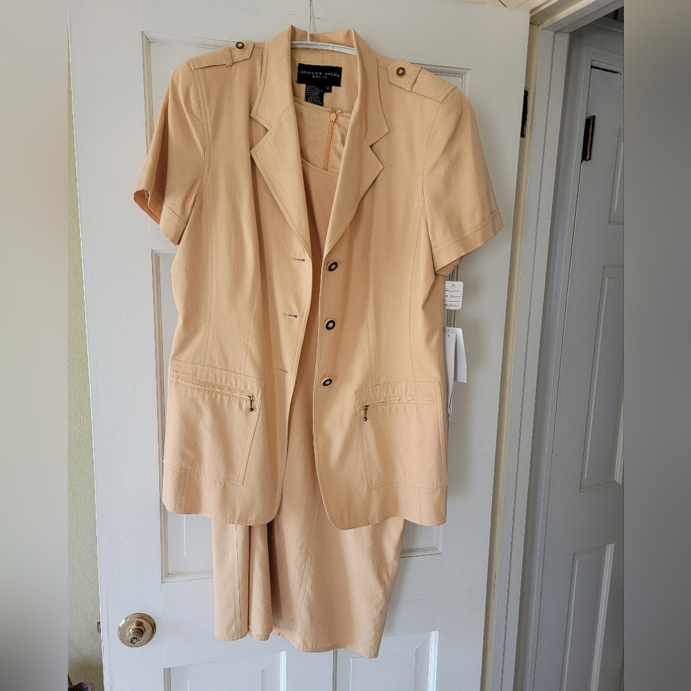 August Silk Dress Women's Size 14 Beige Short Sleeve Blazer and Dress Set